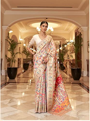 Amazon Brand - Anarva Women's Kashmiri Pashmina Jamawar Woven Banarasi Silk Saree With Blouse Piece - Image 2