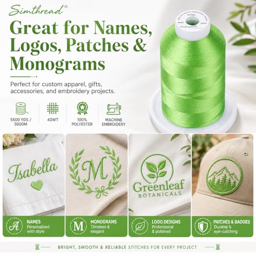 Image of Simthread 5000M 40WT Polyester Embroidery Thread, Apple Green S036 | 5000M 40WT polyester thread feeds smoothly for machine embroidery, monograms, logos, patches and quilting.