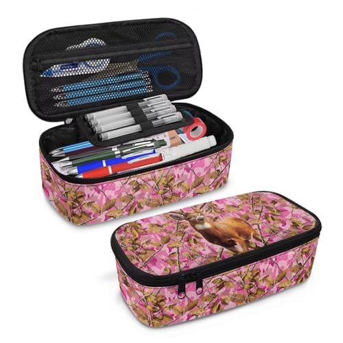 Image of Deer Pencil Pouch for Girls Pink Forest Camo Pencil Bag for Kids Portable Large Pen Container with Mesh Pockets for School Students