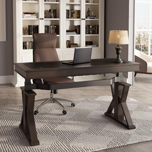 Image of EUREKA ERGONOMIC Leather Standing Desk, 60 inch Executive Desk with Drawers,Modern Oak Grain X-Shaped Leg Sit Stand Desk, Charge Power Outlet Luxury Home Office Computer Desk