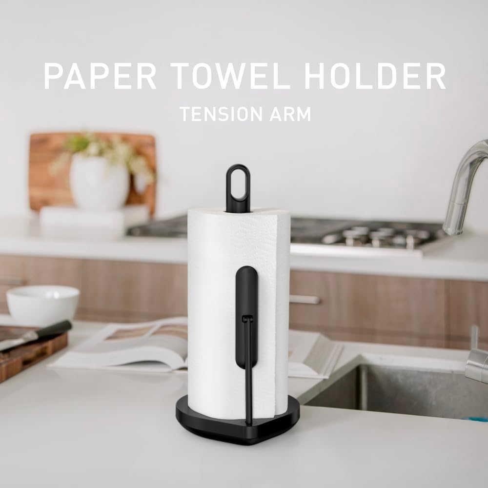 simplehuman tension arm standing paper towel holder, heavy-duty, easy one-handed tear, kitchen countertop, black stainless steel paper towel holder black stainless steel