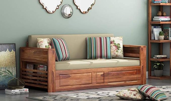 Wood Sofa Cums Bed for Home Solid Sheesham Teak Wood 3 Seater Sofa Cums Bed for Home Furniture | Sofa Cums Bed for Living Room Wooden | Without Pillow | Sofa Cums Bed | with Storage | Natural Finish at Rs. 31999