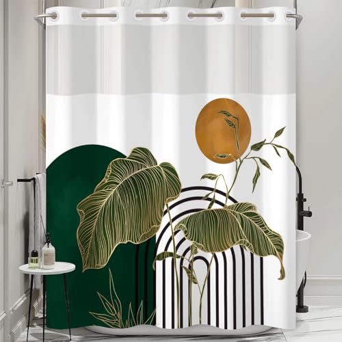 NAEMBCU No Hook Shower Curtain with Snap in Liner Set, Modern Botanical Tropical Leaf with Abstract Arch Print Shower Curtains for Boho Art Deco Bathroom, Mesh Top Waterproof Bath Curtain, 71x74 Inch by NAEMBCU - Used condition - US$19.56
