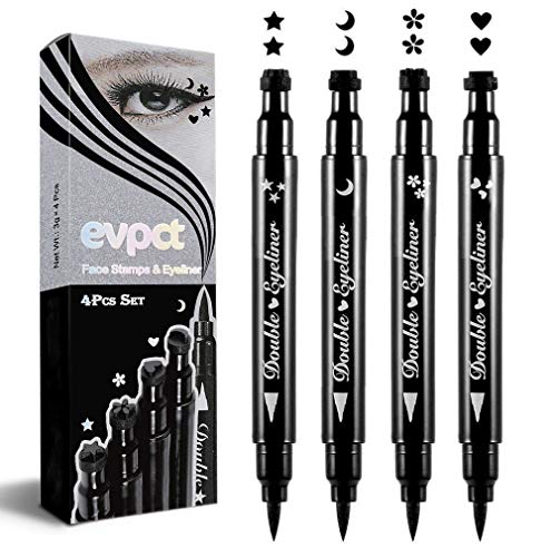 evpct 4 in 1 Flowers Hearts Moon Stars Shapes Face Stamps Eyeliner Pen Set, Face Tattoo Makeup Stamp Liquid Eyeliner Black Wing Winged Cat Eye Freckle Stamp Eyeliner Pencil Pen Waterproof Long Lasting