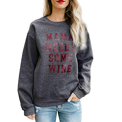 Womens Autumn Casual Long Sleeve Mama Need Some Wine Letter Print Sweatshirt Top