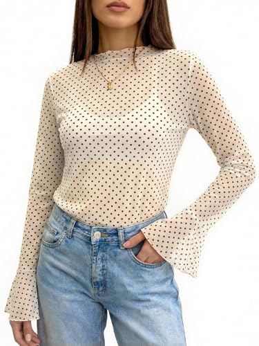 Tankaneo Womens Mesh Polka Dot Tops Bell Sleeve High Neck Summer Casual Blouse Trendy Loose Fit Y2K Going Out Tee Shirts Off-White — view 4