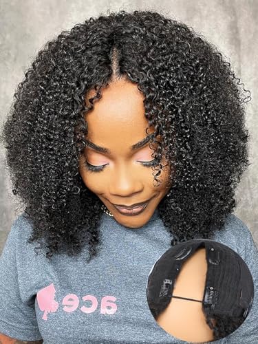 ISEE V Part Human Hair Half Wig Kinky Curly U Part Wig for Women 14 Inch