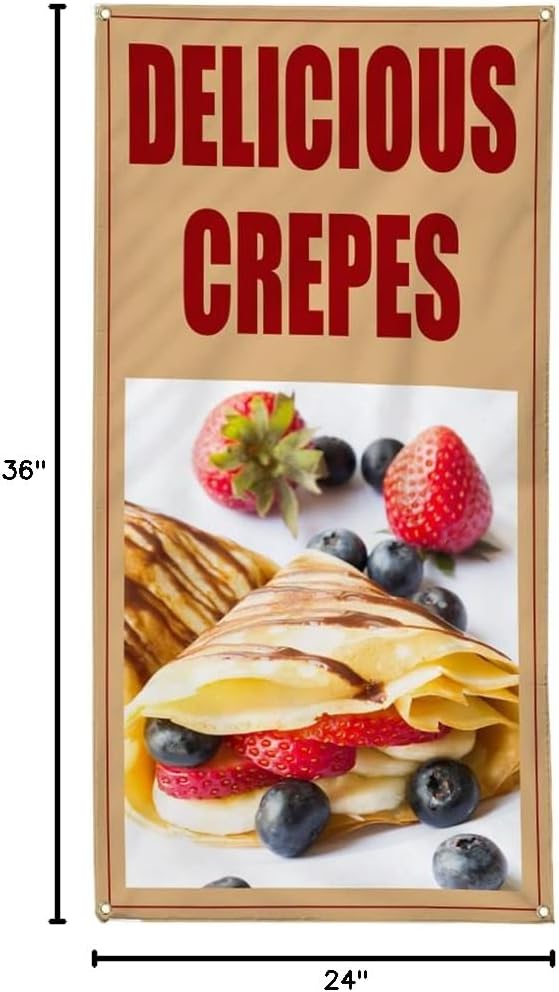 Vertical Vinyl Banner Multiple Sizes Delicious Crepes Food and Drink Food and Beverage Outdoor Weatherproof Industrial Yard Signs 4 Grommets 36x24Inches