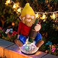 Drinking Gnome Solar Garden Statue - Funny Gnome Figurine with Colorful Crackle Ball LED Light - Perfect Novelty Patio Decor and Gag Gifts - Hilarious Christmas House Warming Gifts New Home