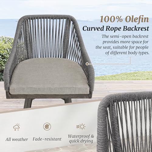 Image of Cozyman Outdoor Bar Stools Set of 2, 360 Swivel Aluminum Rattan Bar Stool with Olefin Rope Curved Backrest and Armrest, Modern BarStools with Removable Cushion for Patio, Garden, Kitchen, Grey