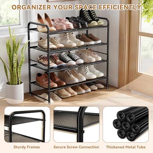 Image of Shoe Rack, 4 Tier 27 inch Wide Metal Mesh Shoe Organizer for Closet Holds up to 12-15 Pairs, Stackable, Black
