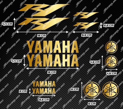 Aufkleber-Set kompatibel mit Tank und Motorradhelm, vorgeschnittenes Vinyl, einfache Anbringung, Schriftzug Logos, Stickersland® – R1 (Gold Metallic, matt)