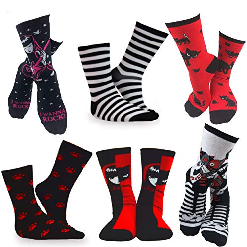 DooleUs Girl's Emily the Strange Fun Colorful Patterns Fashion Crew Socks - 6 Pairs