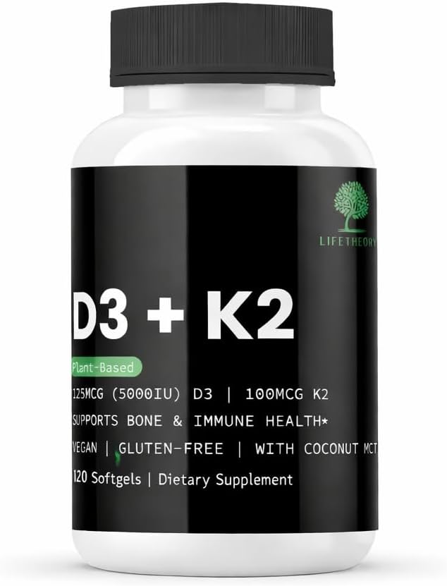 LIFETHEORY Vitamin D3 + K2 Supplement (125 mcg D3 + 100 mcg K2) – Plant-Based Formula with Coconut MCT – Vegan & Gluten-Free – 120 Softgels