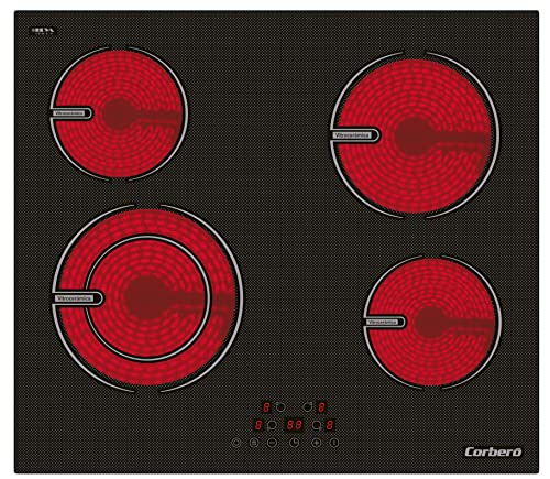 Corberó CCVG8422 Placas Vitrocerámica de 60 cms 4 Zonas, Potencia 6400 W, Control Touch Control, 1 Booster, Temporizador 99 Minutos, 9 Niveles Potencia, Bloqueo de Seguridad para niños