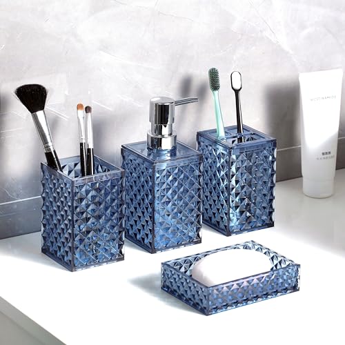 A+Kceyon CY2101 Blue Bathroom Accessories Set 4 Pcs Navy Blue Bathroom Accessories Toothbrush Holder Soap Dispenser Set Contain Soap Dish Tumbler Diamond Pattern Bathroom Countertop Vanity Décor Set Plastic thumb #4