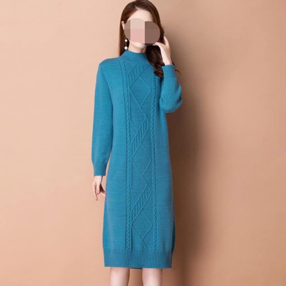 Pulls Tricot Femme,Robe Pull À Col Roulé pour Femme Chunky Diamond Cable Tricoté Pull Bleu Pull Printemps Slim Fit Pull Tops Cadeau pour Petite Amie Fête des Mères,L