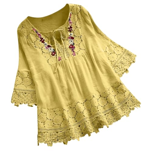Image of Work Tops for Women UK Blouses for Women UK Elegant Hollow Lace Linen Shirt Summer Oversized T Shirts Plus Size Embroidered Flowy Hem Boho Tops Yellow