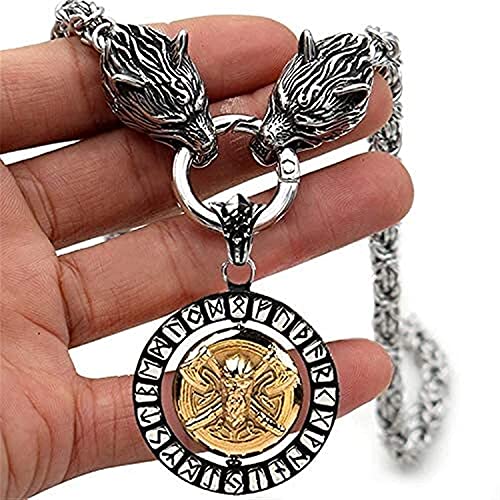 Tête de Loup Nordique Pendentif Homme - Collier Viking Acier Inoxydable Chaîne Royale Runique