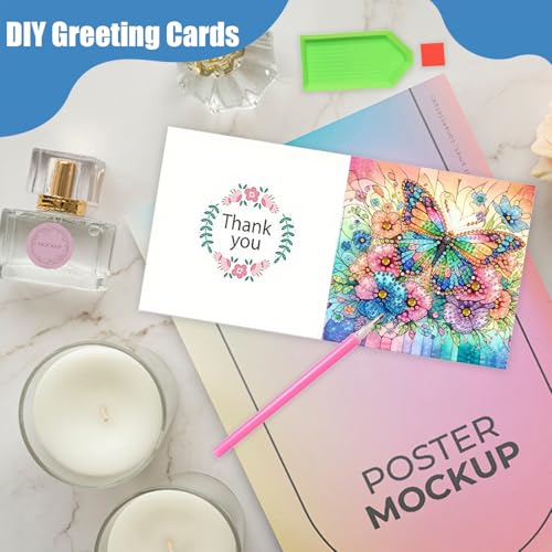 6pcs Diamond Art Cards DIY Crystal Painting Art Greeting Cards Kits Diamond Painting Tools Whit Envelopes Butterfly Plant Mosaic Festival Craft Gift - Image 3