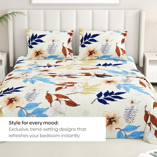 Image of Rivermoor 200 TC Ultrasoft Cotton Bedsheet for Double Bed | Queen Size Bed Sheet with 2 Pillow Covers | Beige Floral Print | 88 x 96 Inches | Breathable & Hypoallergenic