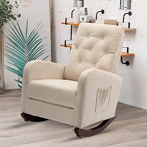 Bostana Rocking Chair Nursery,Upholstered Velvet Glider Chair With High Backrest & Rubber Wood Legs & Side Pocket,Rocker Armchair For Livingroom,Bedroom,Lounge #TOP1