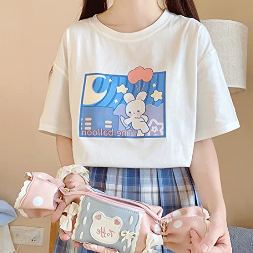 Image of Harajuku Style Kawaii Fashion Pastel Gothic Clothes Soft Crewneck Cartoon Bunny with Balloon Print T-Shirt M White