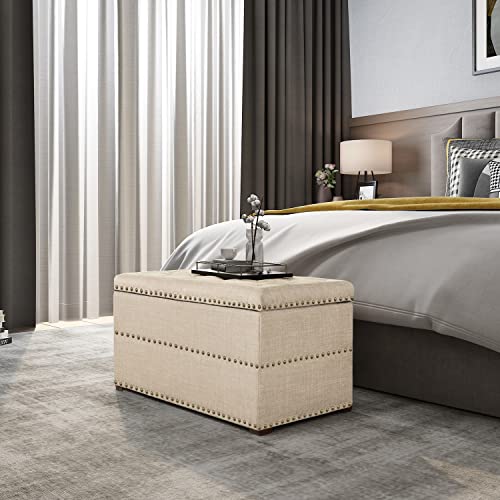 Asense Fabric Rectanglar Tufted Lift Top Storage Ottoman Bench, Footstool with Solid Wood Legs