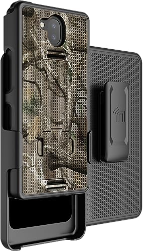 Case with Clip for Sonim XP10 5G, Nakedcellphone [Outdoor Camouflage] Slim Hard Phone Cover with Kickstand and Belt Hip Holster Combo for XP9900 (2022) - Tree Leaf Real Woods Camo