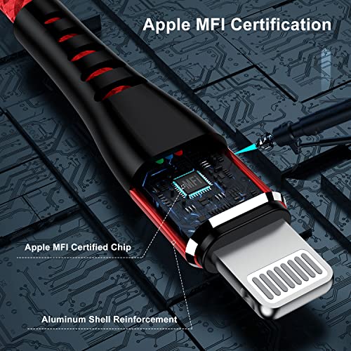 Image of Essri Apple MFi Certified 3 Pack iPhone Charger 6ft, Long Lightning Cable Strong Nylon Braided Charging Cable 6 Foot, Fast iPhone USB Cord for Apple iPhone11 / X /XS /XR /8 /7 /6 /5S /SE /iPad Mini Air（Red）