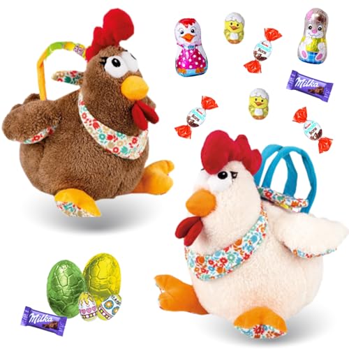 Assortiment de chocolats de Pâques | 2 Sachets de 30 friandises et leur lot de 2 Poules : KINDER Schokobons, MILKA, Figurines et Œufs | Idéal à Offrir, Cacher ou comme Décoration de Pâques