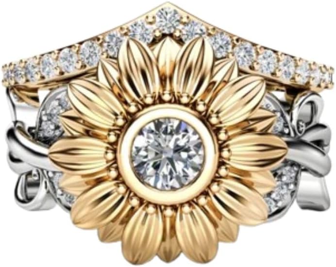 0.50 Ct Round Cut Diamond Vintage Beautiful Sunflower Style Two Tone Bridal Band Set Engagement Ring 14K Gold Plated Wedding Band Set 925 Sterling Silver Handmade Jewelry Gift For Her