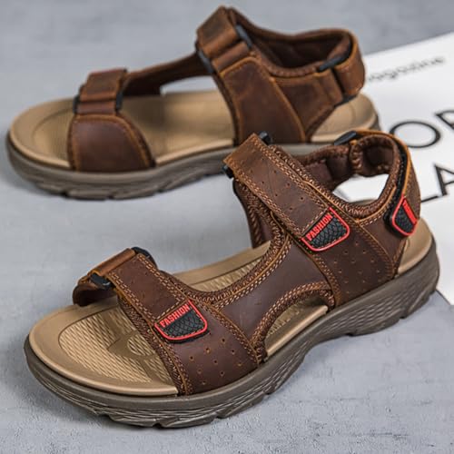 MILDSEVEN Classics Men's Real Leather Hiking Sandals, Fashion Open-Toe Sandals, Hollow Out Backpacking Beach Shoes,10,Brown2