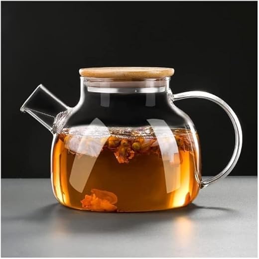 AQUA LUXE Borosilicate Round Glass Tea Pot with Heat Resistant Stainless Steel Infuser Perfect for Tea and Coffee Maker, Clear Glass Kettle | Round 1000Ml with Wooden Lid