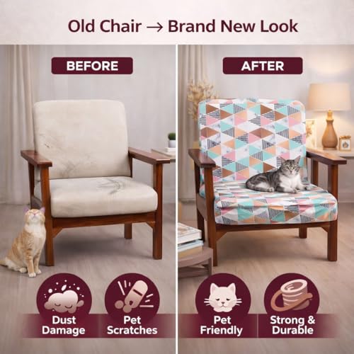 Image of STITCHNEST 'Contour Fit Series' Stretchable Printed Wooden Sofa Cover (Pack of 4) - Elastic Wooden Chair Cover | Wooden Sofa Seat Cover | Size - 20-21 x 20-21 x 3-5 in