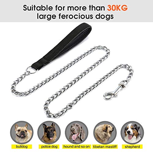 PETTOM Hundeleine Stark Metall Kettenleine, Übungsleine mit PU Leder und Gepolstertem Nylon-Griff, Trainingsleine Für Kleine Mittlere und Große Hunde (S: 0.2cm*180cm) Silber