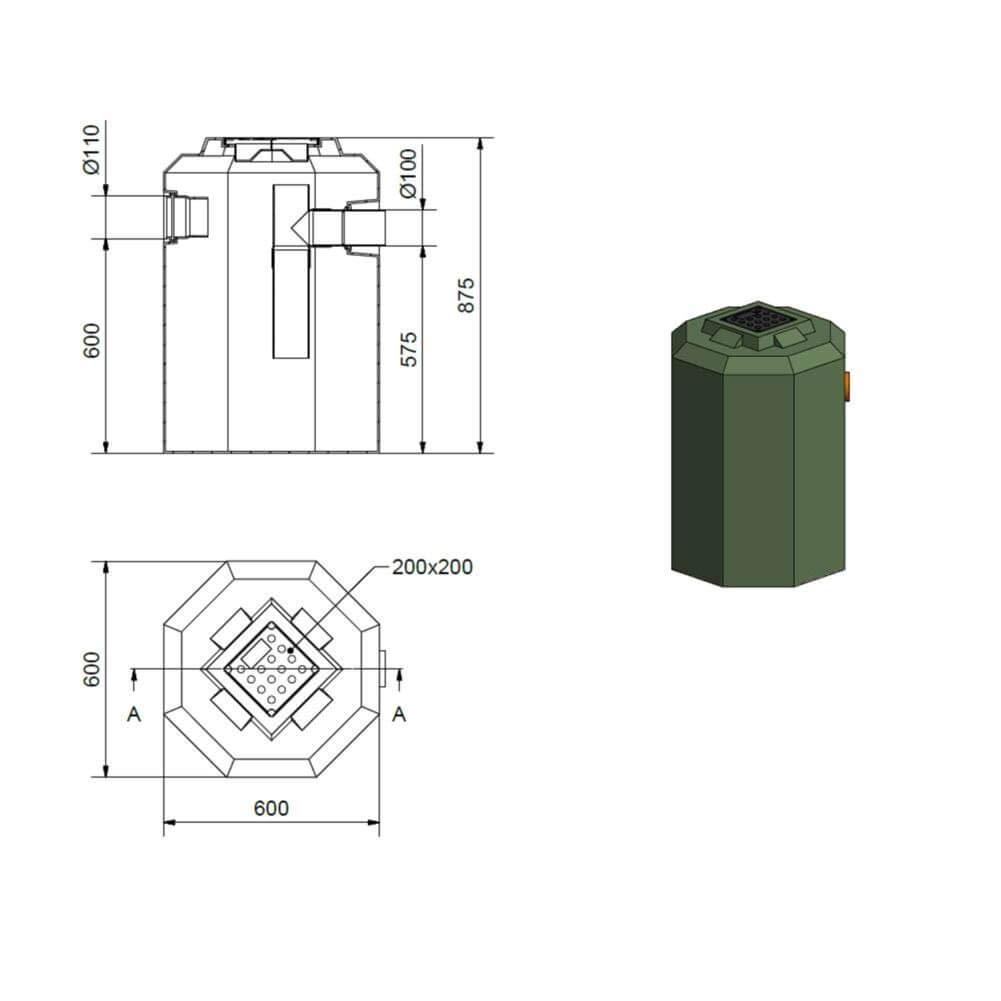 Degrassatore A.E. 10, coperti 10, capacità 230 Lt, Mis. Ø 600 x 875 H mm, per il trattamento delle acque reflue domestiche e acque grigie