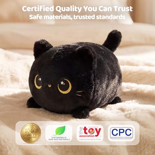Mewaii Schwarze Katze Plüschkissen 20CM Weiches Kawaii Kuscheltier für Kinder,Niedliches Katze Plüschtier,Perfektes Kuschelkissen und Geschenk