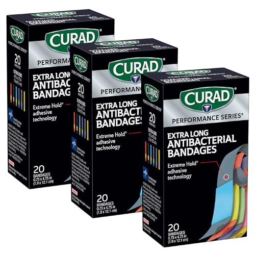 CURAD Performance Series Antibacterial Bandages, Extreme Hold Adhesive Technology, Extra Long Flexible Fabric Bandages for Cuts, Scrapes, & Burns, Assorted Colors, 0.75 x 4.75 inches, 20 Count