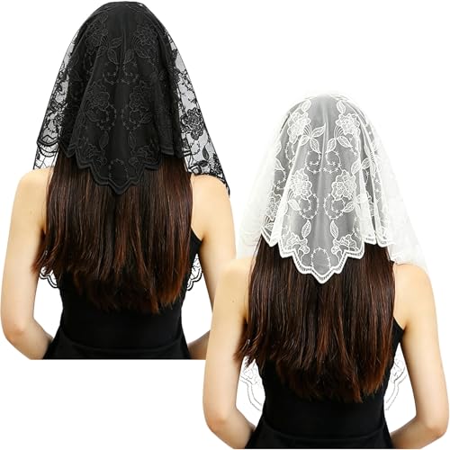 Kizzeloy 2 Pcs Triangle Veils Floral Lace Mantilla Catholic Chapel Veil Embroidery Latin Mass Head Covering Bridal Veil(Classic Color)