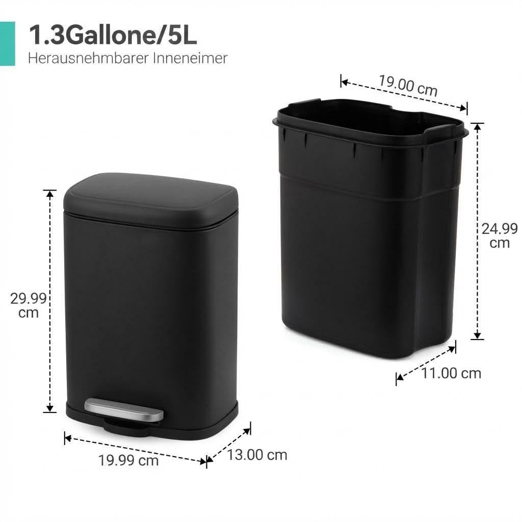 GarveeHome 5L Treteimer Edelstahl, Soft-Close, Anti-Fingerabdruck, Schwarz | Rostfrei; Abfalleimer; Inneneimer; Bad; Küche; Büro; Hygiene; Geräuschlos; Robust; Schmal; Kompakt; Kosmetikeimer; Tretpedal