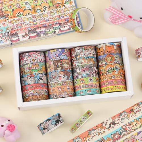 Image of 24 Rolls Colorful Cute Cartoon Animal Writable Washi Tape Set, Decorative Tapes for Scrapbooking and Journaling, Junk Journal Supplies, Bullet Journaling for Women Girl 8-15mm Wide 9.84ft Long /Roll