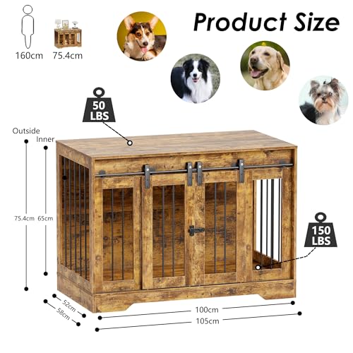 MSFE Hundebox Möbel,Holz-Hundehütte mit Doppelschiebetüren&Seitliches Türschloss,hundekäfig Indoor für Hunde Kleiner, Mittlerer Rassen,Hundehütte aus Mesh,Beistelltisch Hundehaus,105 * 58 * 75.4cm