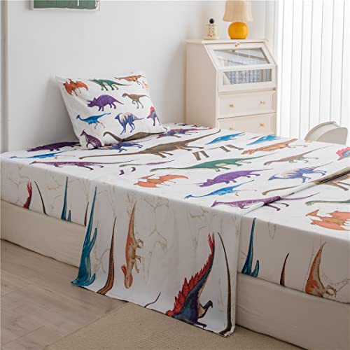 Mkikejoy Colorful Dinosaurs 3 Piece Kids Sheets 1 Fitted Sheet 1 Flat Sheet And 1 Pillowcase Microfiber Decorative Breathable Bed Sheet Set #TOP1