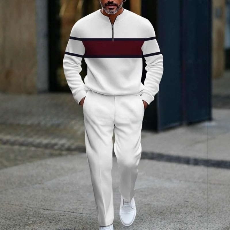 Men's 2-piece casual wear long sleeved shirt pants color blocked round neck sportswear jogging two-piece set