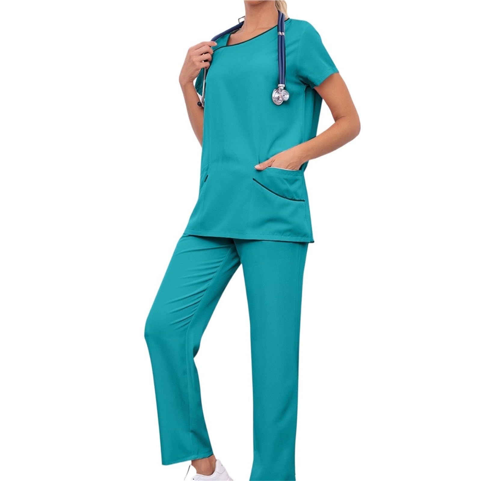 Kasacks Damen Pflege Damen-Krankenschwester-Bekleidungsset, kurzärmelig, mehrfarbig, Kontrasttasche, lange Hose, medizinische, gemütliche, professionelle Arbeitskleidung