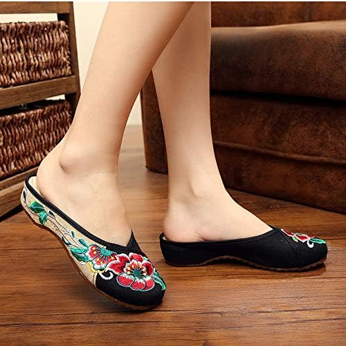 BININBOX Embroidered Flower Women's Shoes Backless Mules Comfortable Flats Round Toe Loafers Chinese Style Canvas Slippers Cute Sandals(8 B(M) US,Black) | Image 3