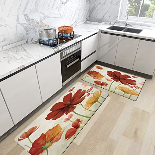 Red Orange Kitchen Rugs Set Of 2 Anti-Fatigue Cushioned Floor Mats Poppy Floral Non Slip Waterproof Comfort Standing Poppies Flower Pvc Rugs Decor For Office Laundry Room 17.3 X 28+17.3 X 47 Inches #TOP1
