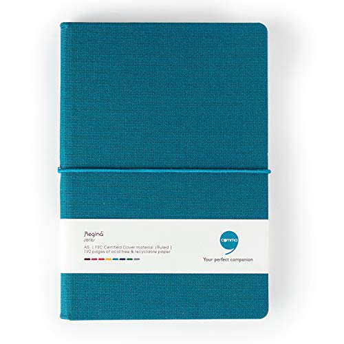 Image of COMMA Regina - A5 Size - Hard Bound Notebook with a Horizontal Elastic Band Closure - 192 Pages - 80gsm Natural Shade Paper - Fabric Cover Material - (Peacock Blue)