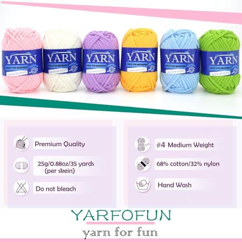 Image of 6 Pack Beginners Crochet Yarn Pink Yellow Blue Purple Green Cotton Easy Yarn for Crocheting and Knitting Beginners Crochet Kit-Pastel Series